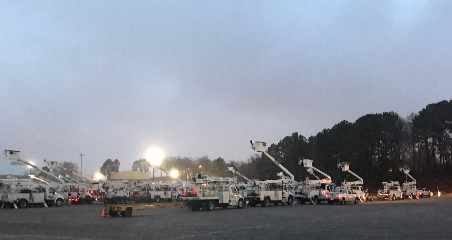 Crews staging at Barton Coliseum in Little Rock.